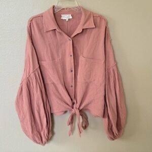 Dress Up Peach Cotton Gauze Balloon Sleeve Button Down Shirt - Size Medium